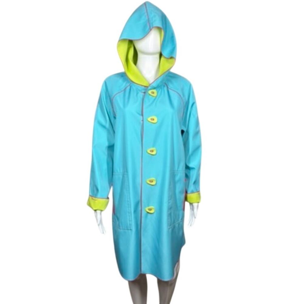 UBU Piped Reversible Parisian Style Bright Blue Lime Green Hooded Raincoat Small - Picture 5 of 11